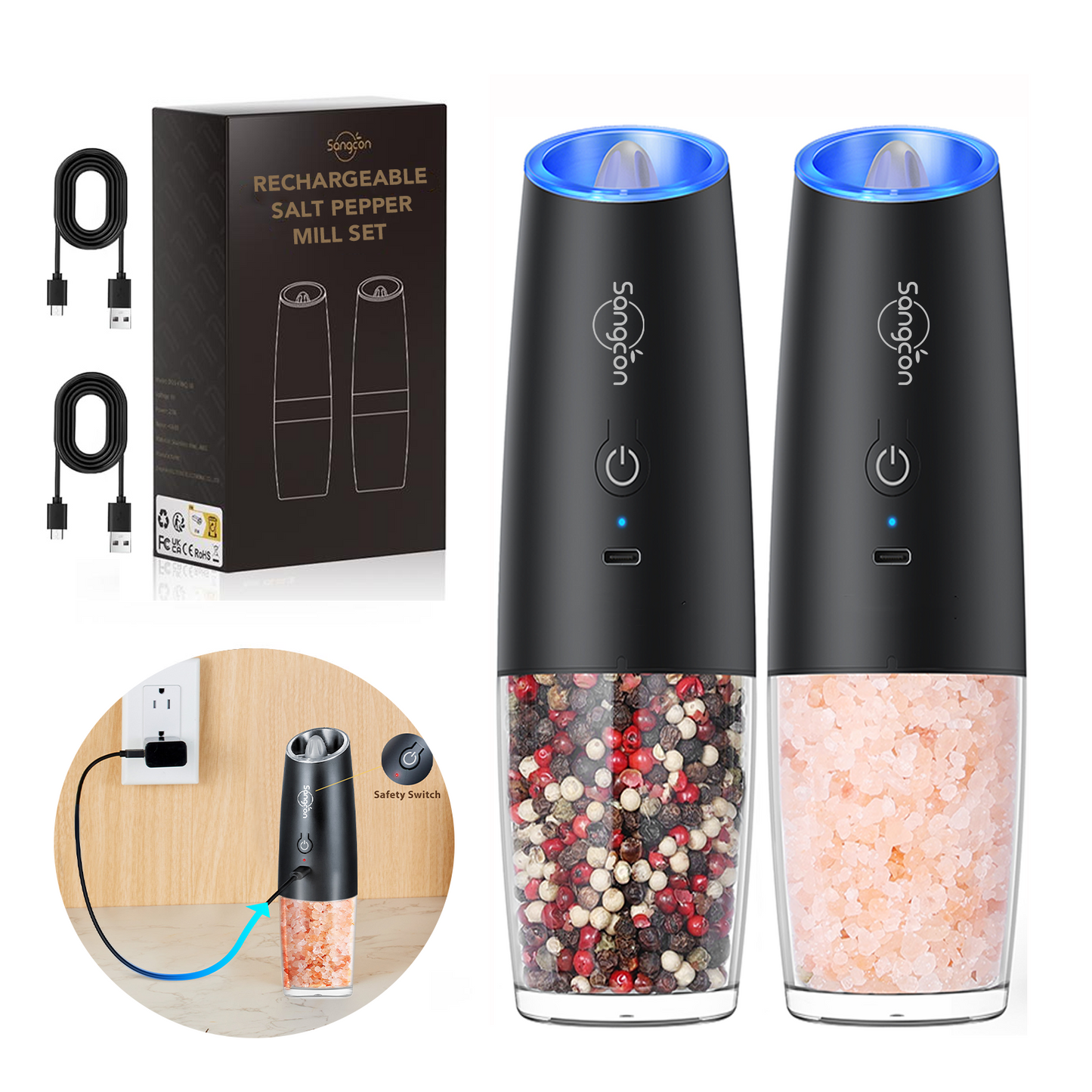 Gravity Electric Salt and Pepper Grinder Set - LED Light & One-Hand Operation