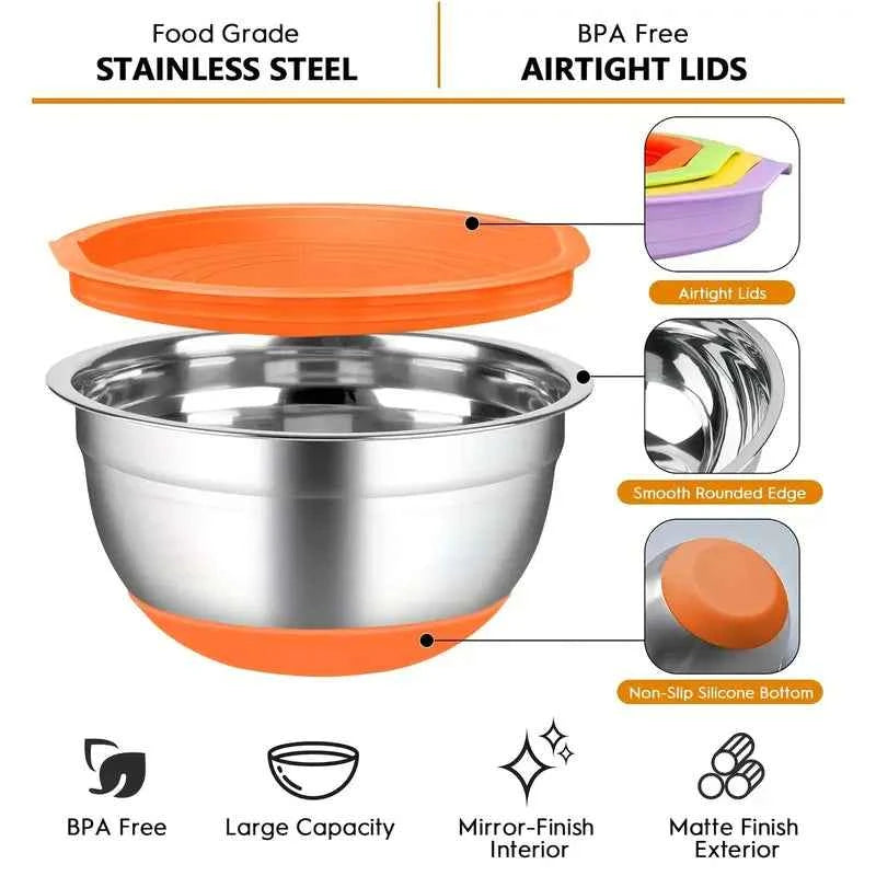 18pcs, Mixing Bowls With Airtight Lids, Stainless Steel Nesting Colorful Mixing Bowls Set With Non-slip Silicone Bottom, Size 7, 5.5, 4, 3.5, 2.5, 2, 1.5 Qt, Fit For Mixing & Serving