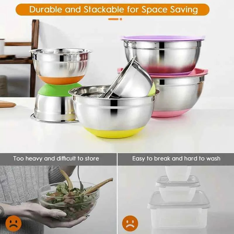 18pcs, Mixing Bowls With Airtight Lids, Stainless Steel Nesting Colorful Mixing Bowls Set With Non-slip Silicone Bottom, Size 7, 5.5, 4, 3.5, 2.5, 2, 1.5 Qt, Fit For Mixing & Serving
