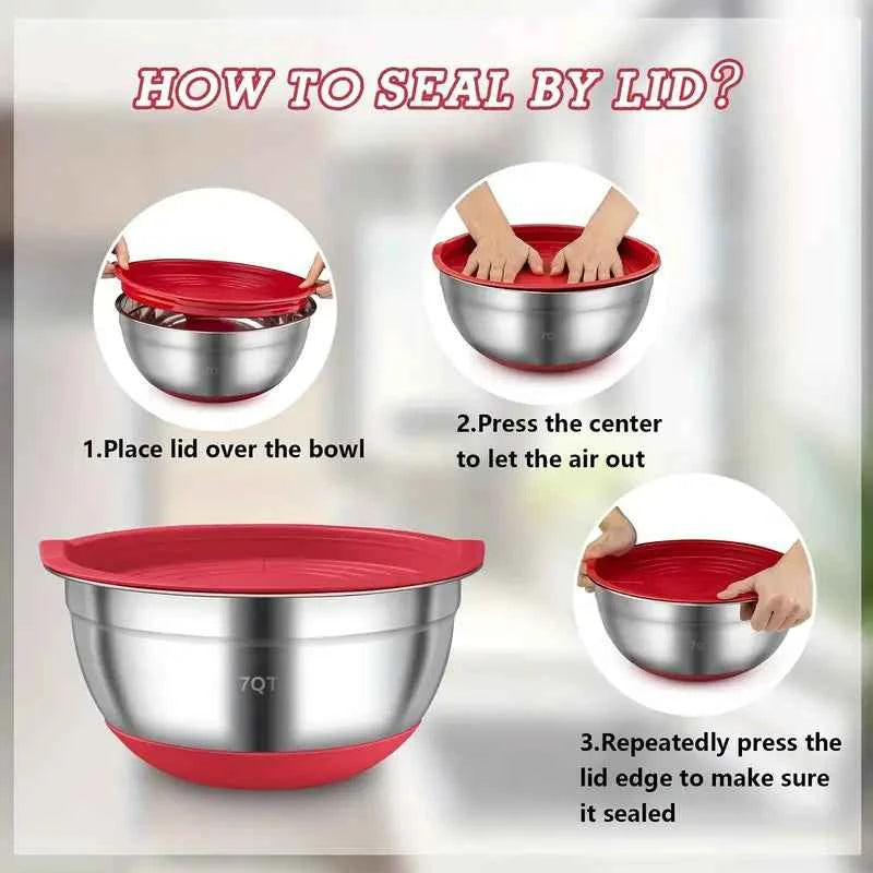 18pcs, Mixing Bowls With Airtight Lids, Stainless Steel Nesting Colorful Mixing Bowls Set With Non-slip Silicone Bottom, Size 7, 5.5, 4, 3.5, 2.5, 2, 1.5 Qt, Fit For Mixing & Serving