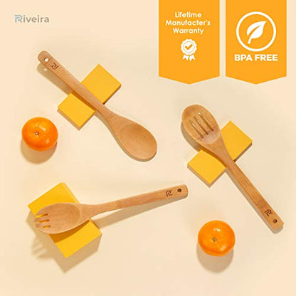 Riveira Bamboo Wooden Spoons for Cooking 6-Piece, Apartment Essentials Wood Spatula Spoon Nonstick Kitchen Utensil Set Premium Quality Housewarming Gifts for Everyday Use