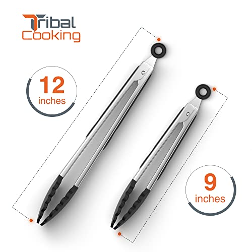 Tribal Cooking Kitchen Tongs with Silicone Tips - Stainless Steel tongs for cooking - 9" and 12" Tongs With Silicone Rubber Grips, Small and Large - Metal BBQ Tongs with Locking