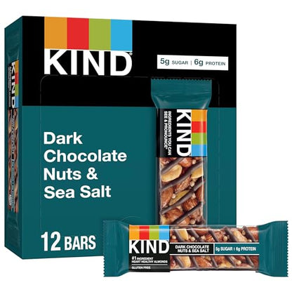 KIND KIND Bars, Dark Chocolate Nuts and Sea Salt, Healthy Snacks, Gluten Free, Low Sugar, 6g Protein, 12 Count