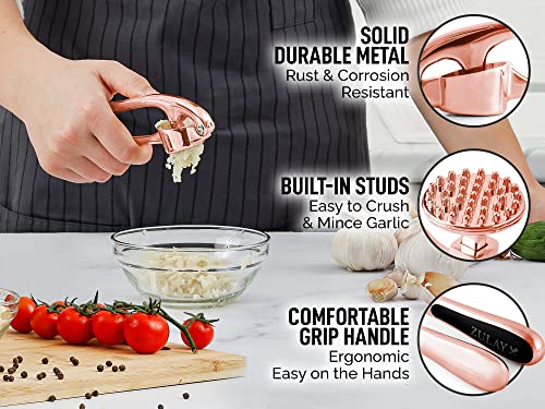 Zulay Kitchen Premium Garlic Press Set - Rust Proof & Dishwasher Safe Professional Garlic Mincer Tool - Easy-Squeeze, Easy-Clean with Soft Handle - Silicone Garlic Peeler & Brush (Rose Gold)