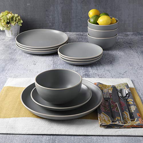 Gibson Gibson Home Rockaway 12-Piece Grey Matte Stoneware Dinnerware Set, Service for 4