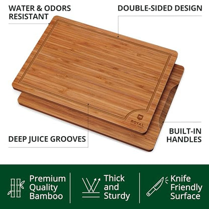 ROYAL CRAFT WOOD Wooden Cutting Boards for Kitchen Meal Prep & Serving - Bamboo Wood Serving Board Set with Deep Juice Groove Side Handles - Charcuterie & Chopping Butcher Block for Meat (3 Pcs)