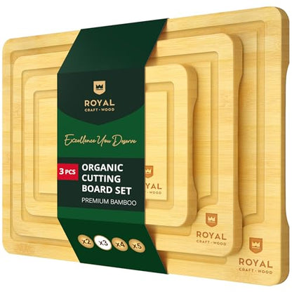 ROYAL CRAFT WOOD Cutting Boards for Kitchen - Bamboo Cutting Board Set of 3, Cutting Boards with Juice Grooves, Serving Board Set, Thick Chopping Board for Meat, Veggies, Easy Grip Handle