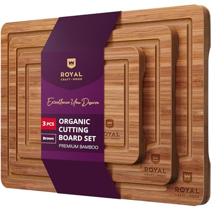 ROYAL CRAFT WOOD Wooden Cutting Boards for Kitchen Meal Prep & Serving - Bamboo Wood Serving Board Set with Deep Juice Groove Side Handles - Charcuterie & Chopping Butcher Block for Meat (3 Pcs)
