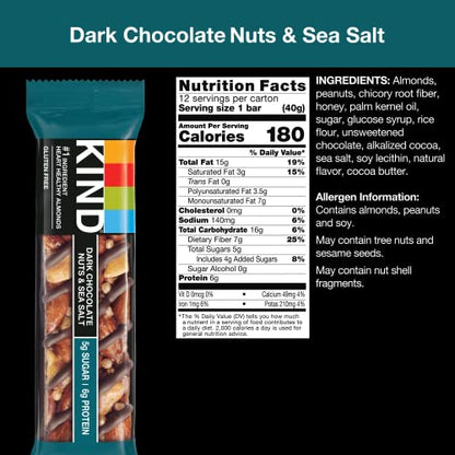 KIND KIND Bars, Dark Chocolate Nuts and Sea Salt, Healthy Snacks, Gluten Free, Low Sugar, 6g Protein, 12 Count