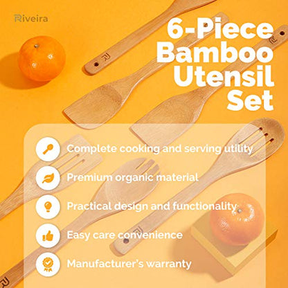 Riveira Bamboo Wooden Spoons for Cooking 6-Piece, Apartment Essentials Wood Spatula Spoon Nonstick Kitchen Utensil Set Premium Quality Housewarming Gifts for Everyday Use