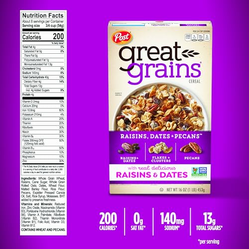 Great Grains Raisins Dates and Pecans Breakfast Cereal, Raisin Cereal with Sweet Dates and Granola Clusters, Non-GMO Project Verified, 16 OZ Box