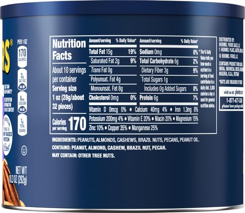 PLANTERS Roasted Unsalted Mixed Nuts, 10.3 oz Canister