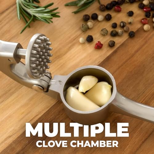 Zulay Kitchen Premium Garlic Press Set - Rust Proof & Dishwasher Safe Professional Garlic Mincer Tool - Easy-Squeeze, Easy-Clean with Soft, Ergonomic Handle - Silicone Garlic Peeler & Brush (Silver)