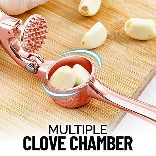 Zulay Kitchen Premium Garlic Press Set - Rust Proof & Dishwasher Safe Professional Garlic Mincer Tool - Easy-Squeeze, Easy-Clean with Soft Handle - Silicone Garlic Peeler & Brush (Rose Gold)