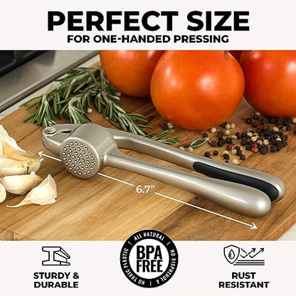 Zulay Kitchen Premium Garlic Press Set - Rust Proof & Dishwasher Safe Professional Garlic Mincer Tool - Easy-Squeeze, Easy-Clean with Soft, Ergonomic Handle - Silicone Garlic Peeler & Brush (Silver)