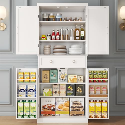 kepptory 72” Pantry Cabinets, White Tall Kitchen Pantry Storage Cabinet with Drawer & Adjustable Shelves