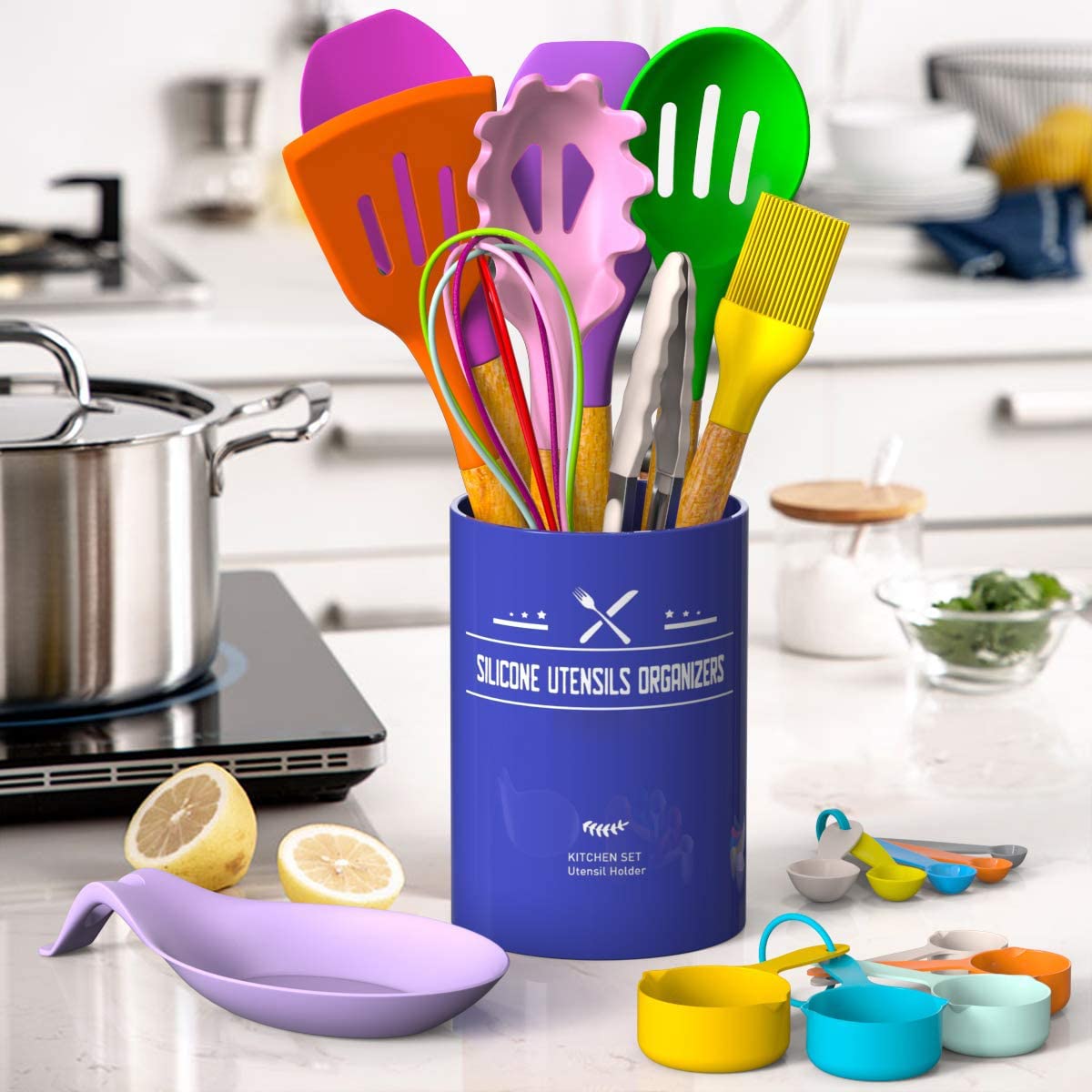 Umite Chef Kitchen Cooking Utensils Set, 33 pcs Non-stick Silicone Cooking Kitchen Utensils Spatula Set with Holder, Wooden Handle Silicone Kitchen Gadgets Utensil Set (Colorful)