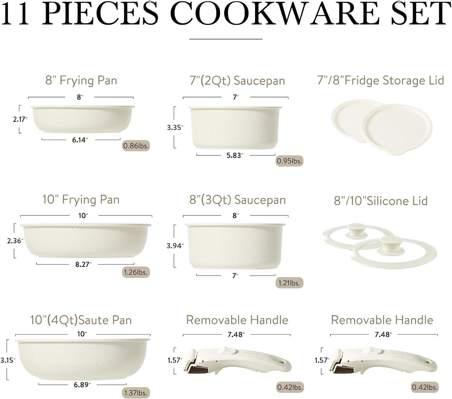 CAROTE 11pcs Pots and Pans Set Non Stick, Cookware Sets Detachable Handle, RV Kitchen Set Removable Handle, Oven Safe, Induction Ready, Stackable Non-stick Set, Cream White