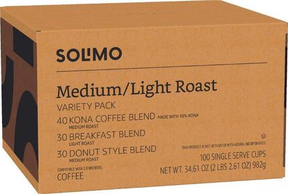 Solimo Variety Pack Light and Medium Roast Coffee Pods (Kona, Breakfast, Donut), Keurig 2.0 Compatible, 100 Count