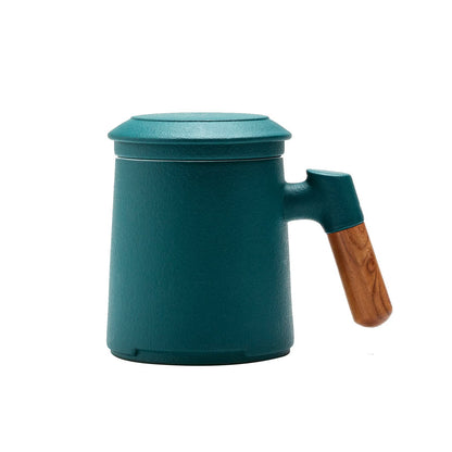 ZENS Tea Cup with Infuser and Lid, Wood Handle Loose Tea Steeper Mug, 12 Ounces Matte Ceramic Stainer Mug for Gift/Dark Green