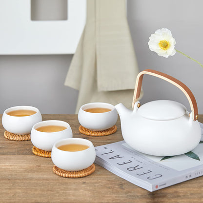 ZENS Ceramic Teapot with Infuser, Bentwood Handle Loose Leaf Japanese Tea Set, 27 Ounce Matte White Tea Pot with 4 Cups & Rattan Coasters for Women Gift