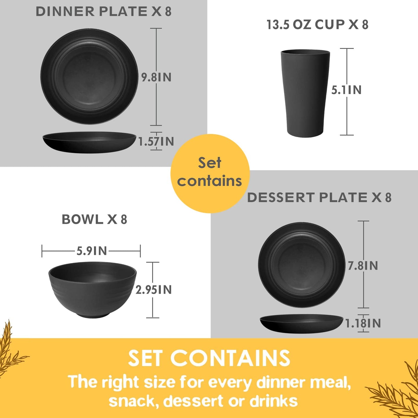 Teivio Teivio 32-Piece Black Wheat Straw Dinnerware Set, Service for 8