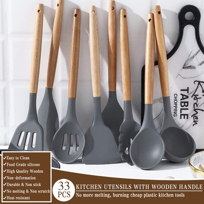 Umite Chef Kitchen Cooking Utensils Set, 33 pcs Non-stick Silicone Spatula Set with Holder, Woodle Handle Heat Resistant Gadgets Utensil (Gray)