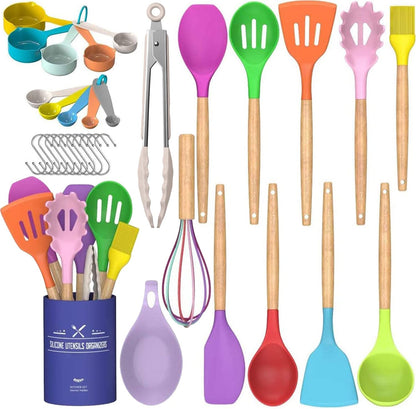 Umite Chef Kitchen Cooking Utensils Set, 33 pcs Non-stick Silicone Cooking Kitchen Utensils Spatula Set with Holder, Wooden Handle Silicone Kitchen Gadgets Utensil Set (Colorful)