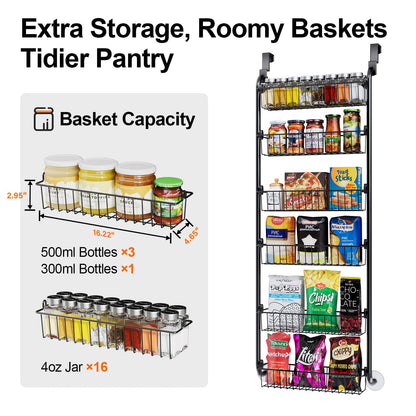 Delamu Over the Door Pantry Organizer, 6-Tier Metal Pantry Organizers and Storage, Easy Install, Black