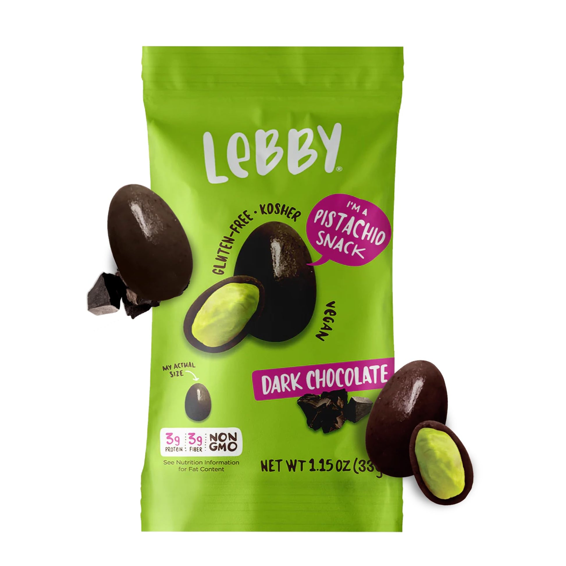 Lebby Lebby Dark Chocolate Covered Pistachios, Irresistibly Delicious Dark Chocolate Pistachios Snack, Gluten Free, Non-GMO & Vegan, 1.15 Ounce (Pack of 6)