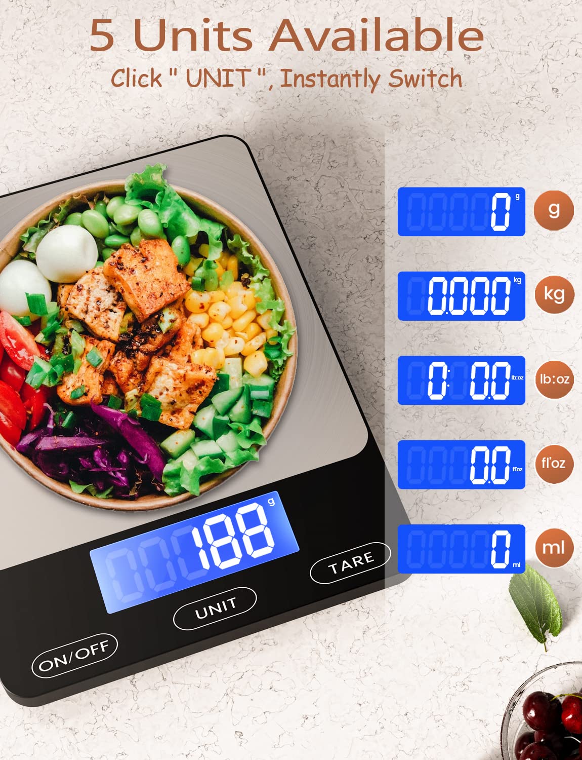 GGQ 33lb Rechargeable Digital Food Scale, Stainless Steel, Black