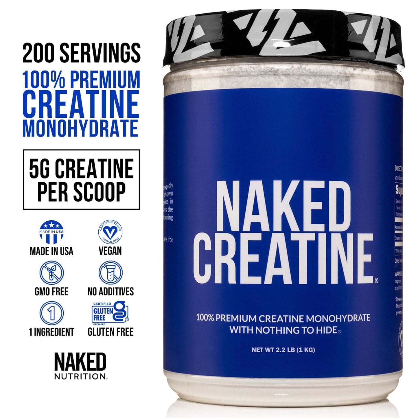 NAKED NAKED Creatine Monohydrate - 1kg, Pure, Vegan, Non-GMO - 200 Servings