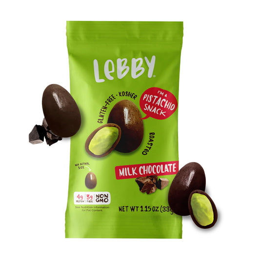 Lebby Lebby Milk Chocolate Covered Pistachios, Irresistibly Delicious Milk Chocolate Pistachios Snack Packs, Roasted Mediterranean Pistachio Chocolate, Gluten Free, Non-GMO & Vegan, 1.15 Ounce (Pack of 6)