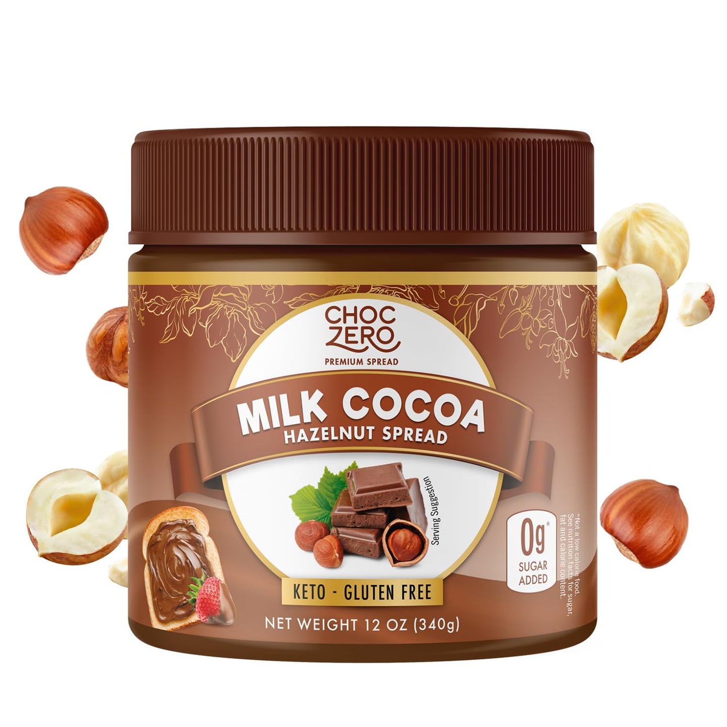 ChocZero Milk Chocolate Hazelnut Spread - Keto Friendly, No Sugar Added, Best Low Carb Dessert, Perfect Topping for Almond Flour Pancakes, Naturally Sweetened with Monk Fruit (1 jar, 12 oz)