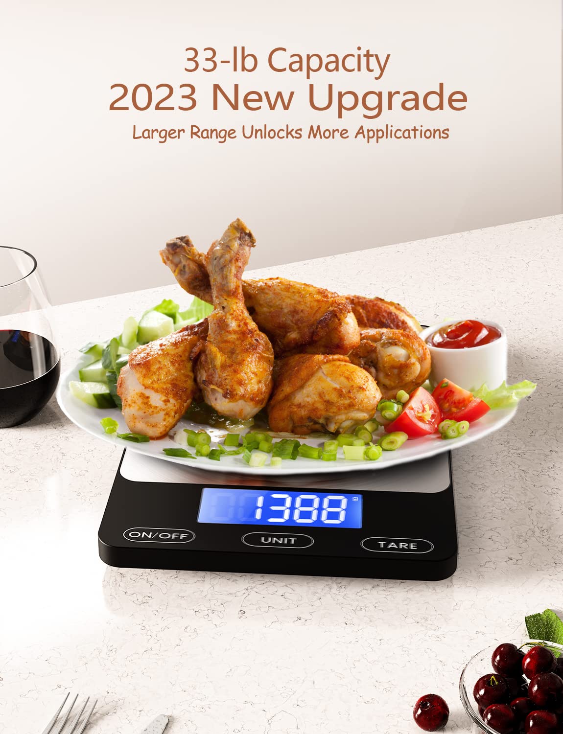 GGQ 33lb Rechargeable Digital Food Scale, Stainless Steel, Black