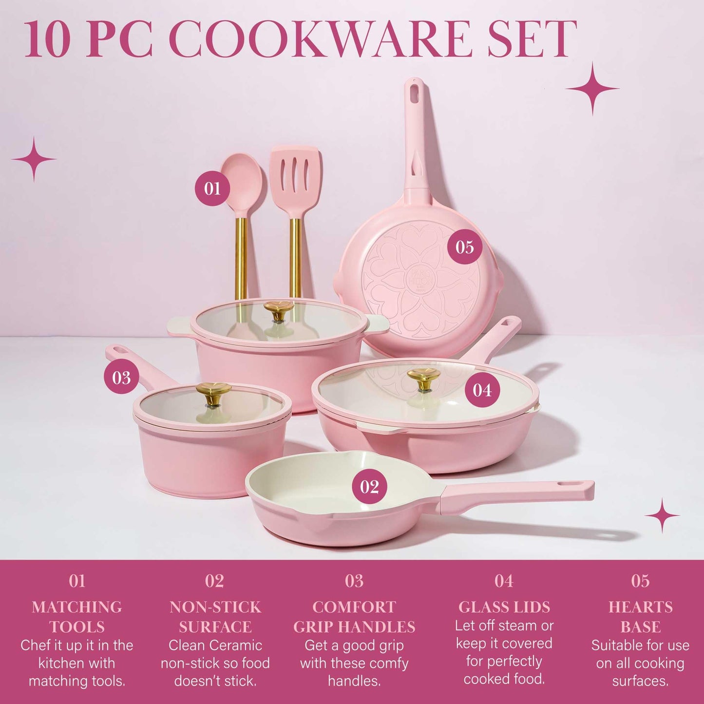 Paris Hilton 10-Piece Ceramic Nonstick Cookware Set in Pink - Gourmet Grocery Hub