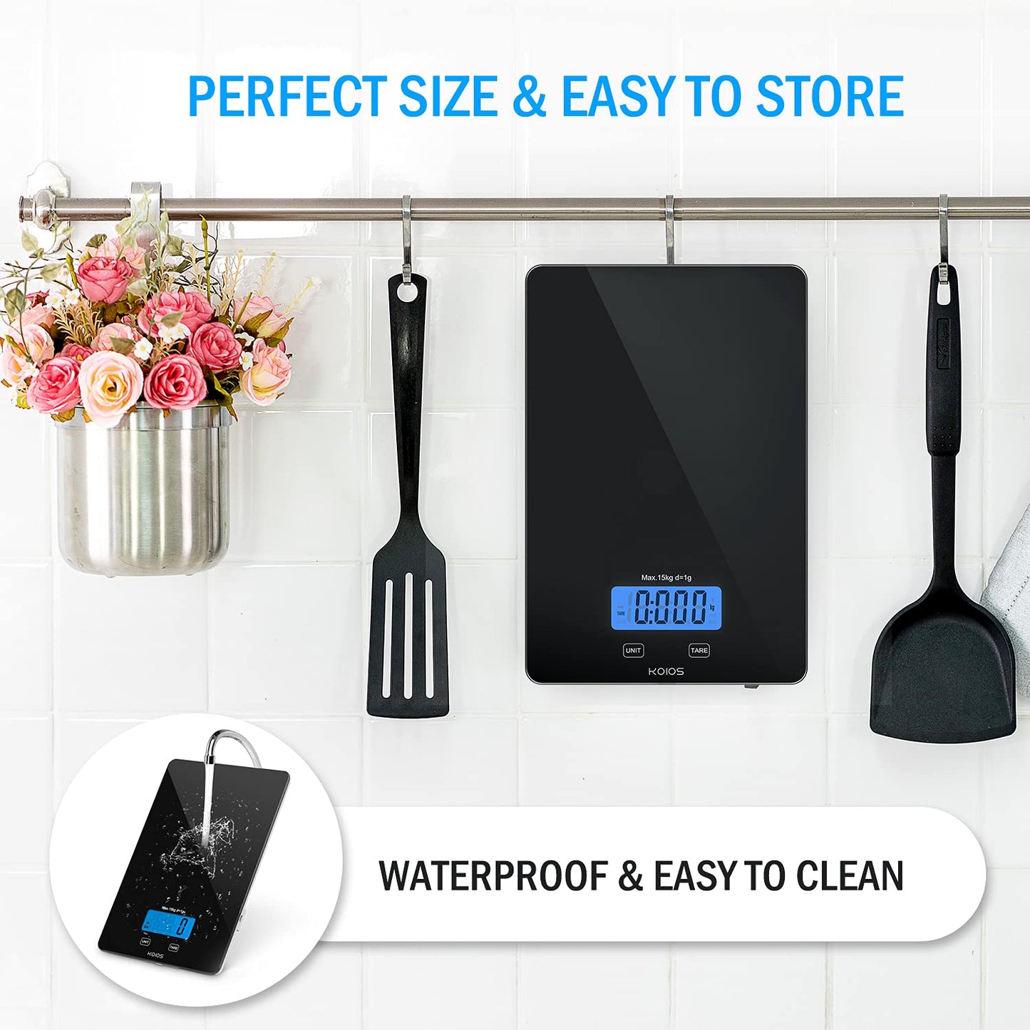 KOIOS 33lb Digital Kitchen Scale, USB Rechargeable, Waterproof Glass