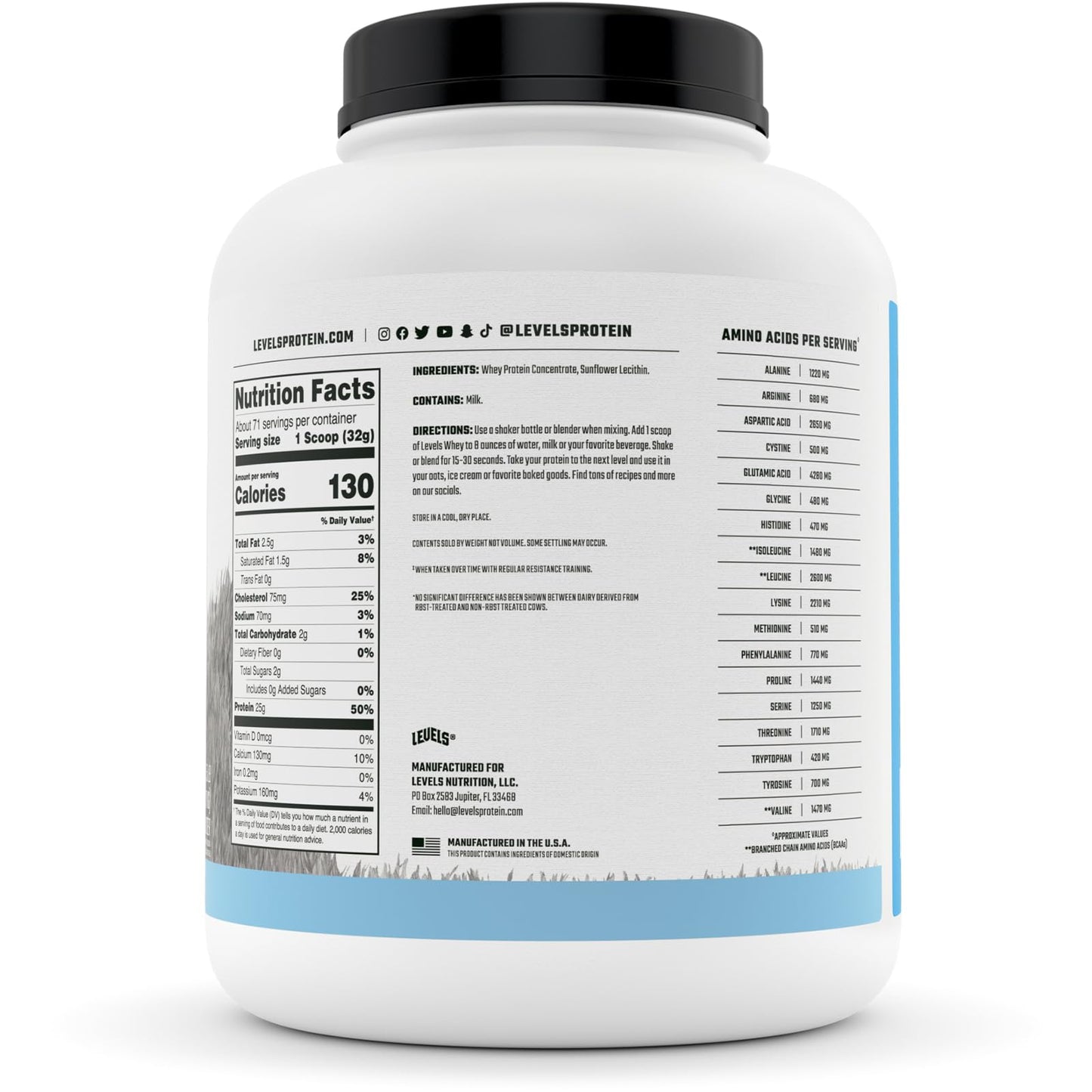 Levels Nutrition Levels Grass Fed Whey Protein, No Artificials, 25G of Protein, Unflavored, 5LB