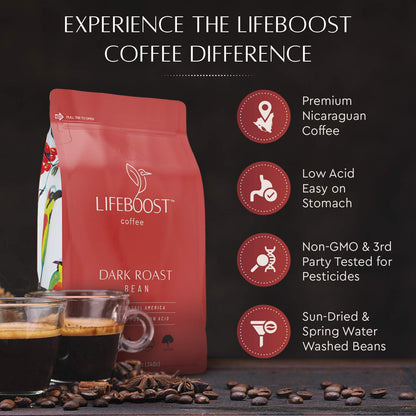 Lifeboost Coffee Dark Organic Coffee Beans - Dark Roast Low Acid Coffee Beans 12 Ounces