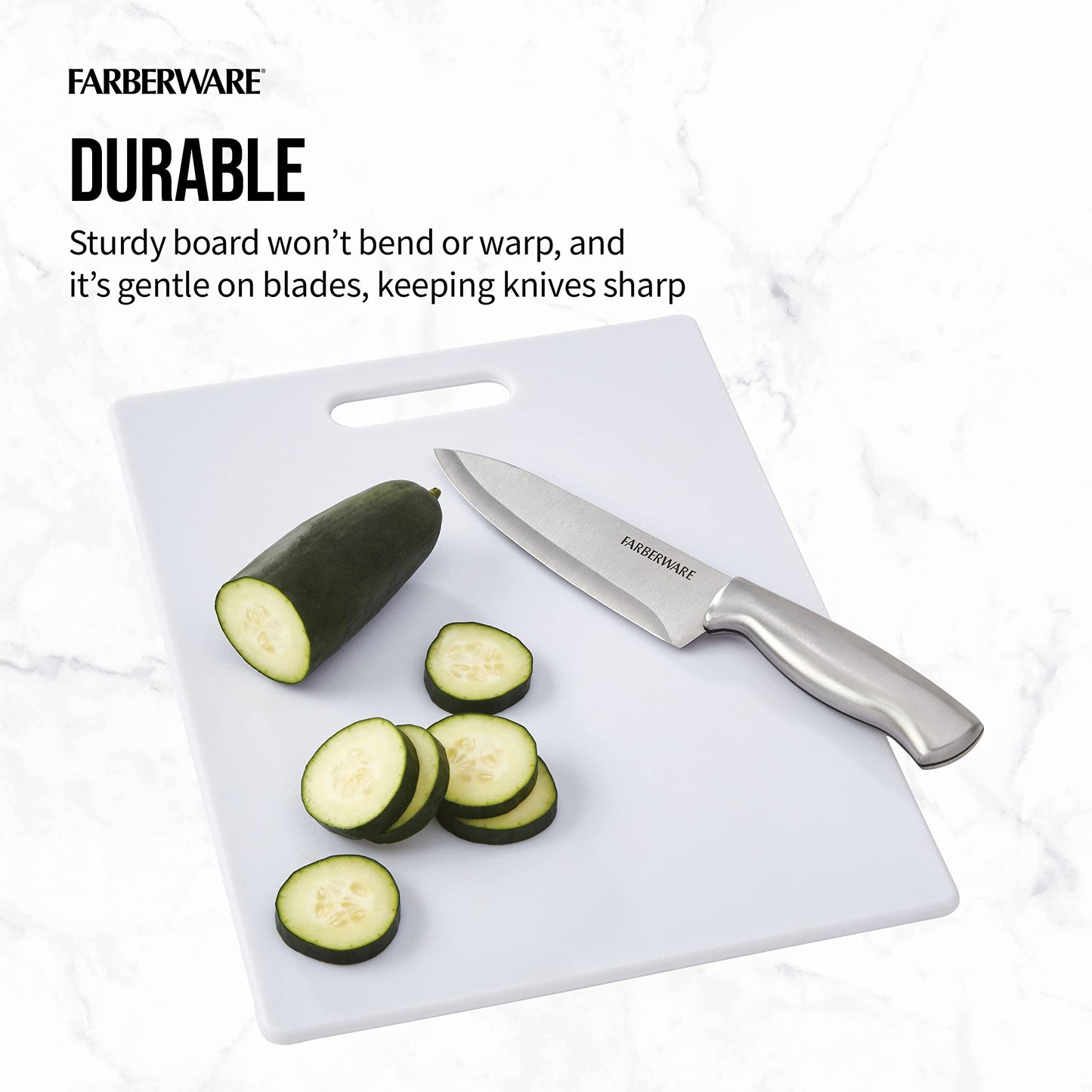 Farberware Large Cutting Board, Dishwasher- Safe Plastic Chopping Board for Kitchen with Easy Grip Handle, 11-inch by 14-inch, White