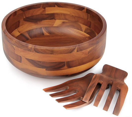 AIDEA Acacia Wood Salad Bowl Set with 2 Wooden Hands, Large Salad Bowl with Serving Utensils, Big Mixing Bowl for Fruits, Salad, Cereal, Corn flake,Pasta 11" Diameter x 4.5" Height