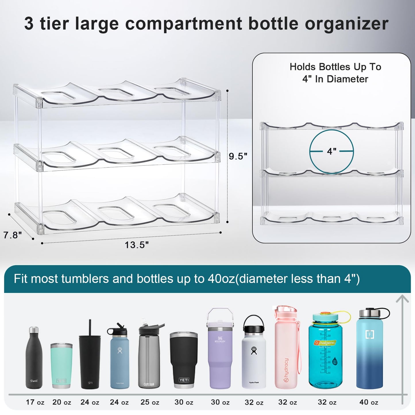 3 Tier Stackable Water Bottle Organizer for Cabinet