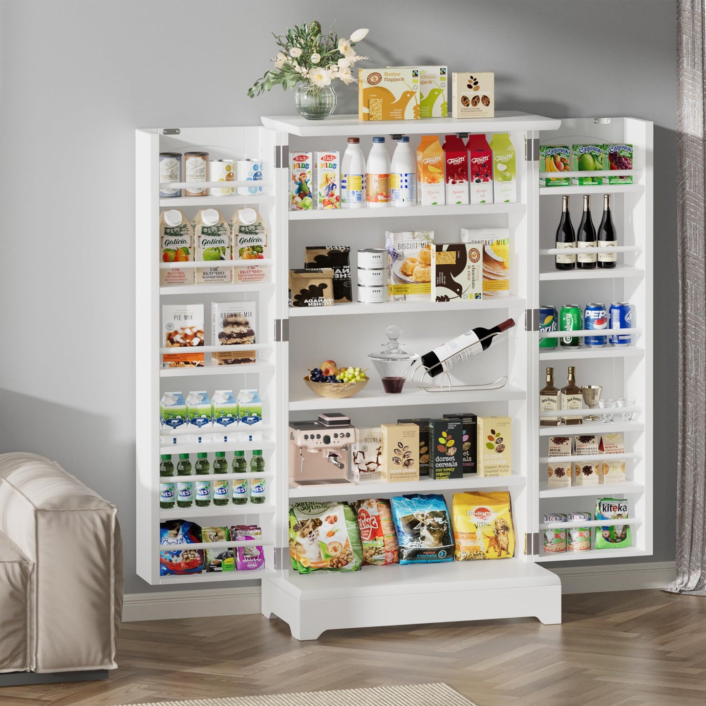 YESHOMY 41" Kitchen Pantry Storage Cabinet, White, Adjustable Shelves, Elegant Design
