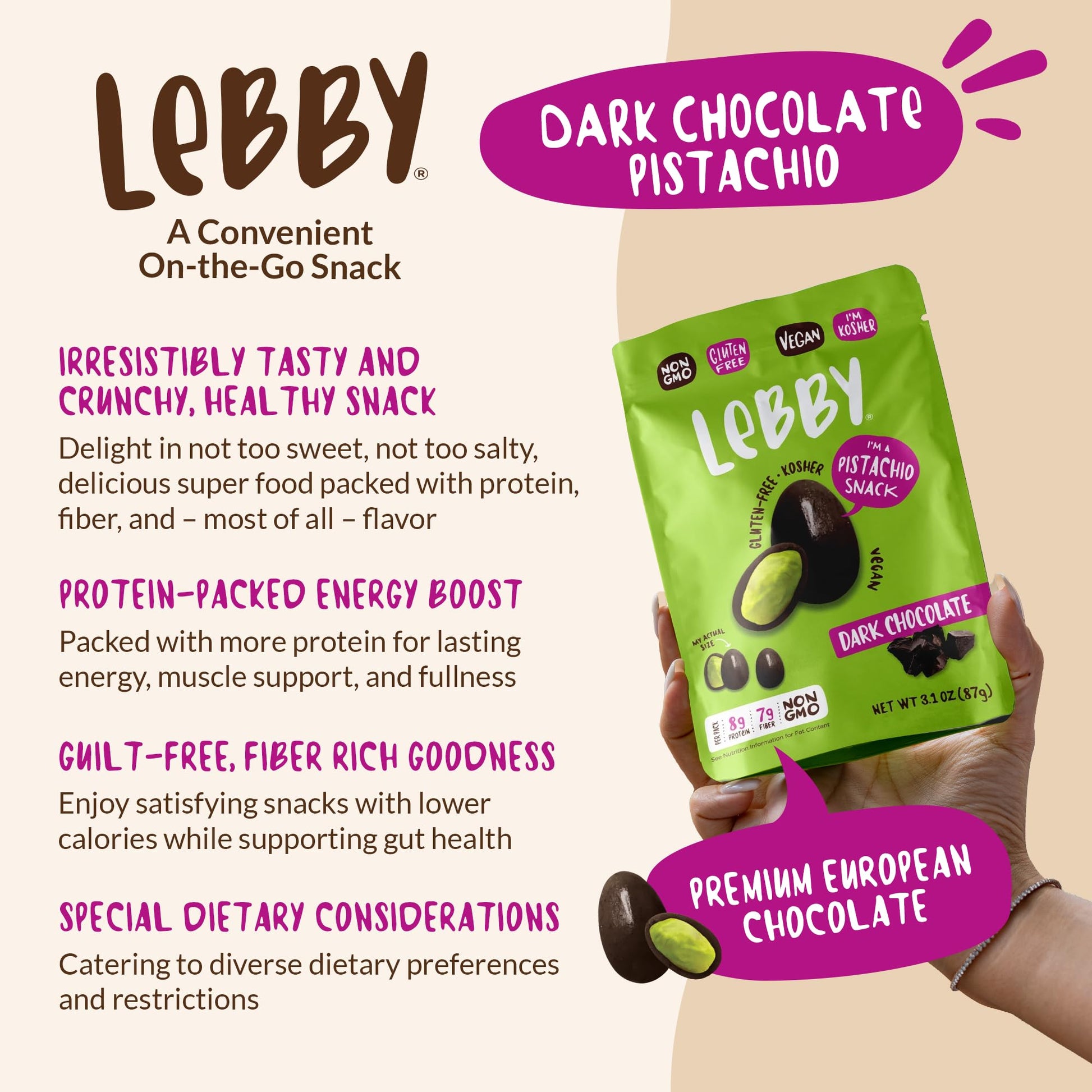 Lebby Lebby Dark Chocolate Covered Pistachios, Irresistibly Delicious Dark Chocolate Pistachios Snack, Gluten Free, Non-GMO & Vegan, 1.15 Ounce (Pack of 6)