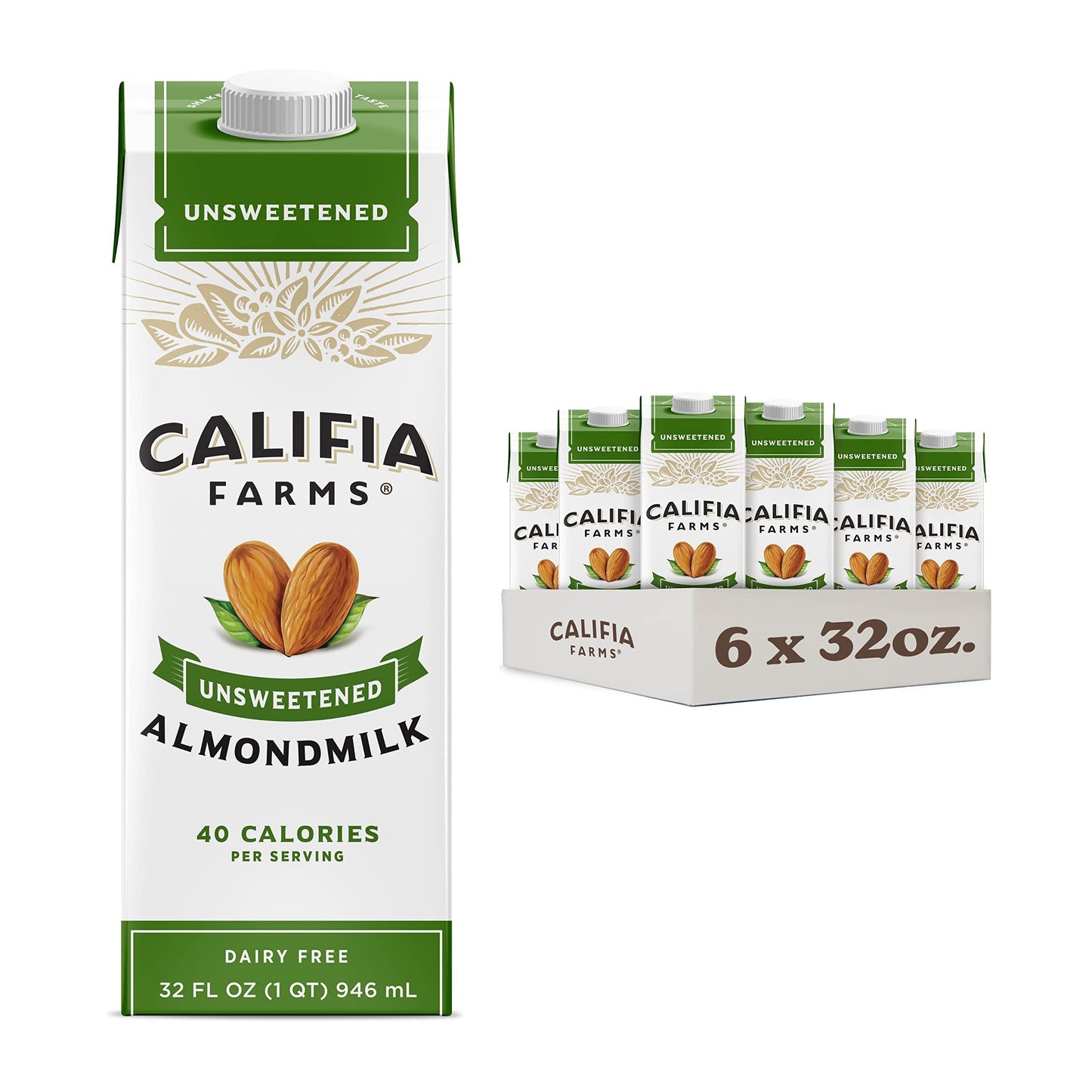 Califia Farms - Unsweetened Almond Milk, 32 Oz (Pack of 6) High Calcium, Smoothie