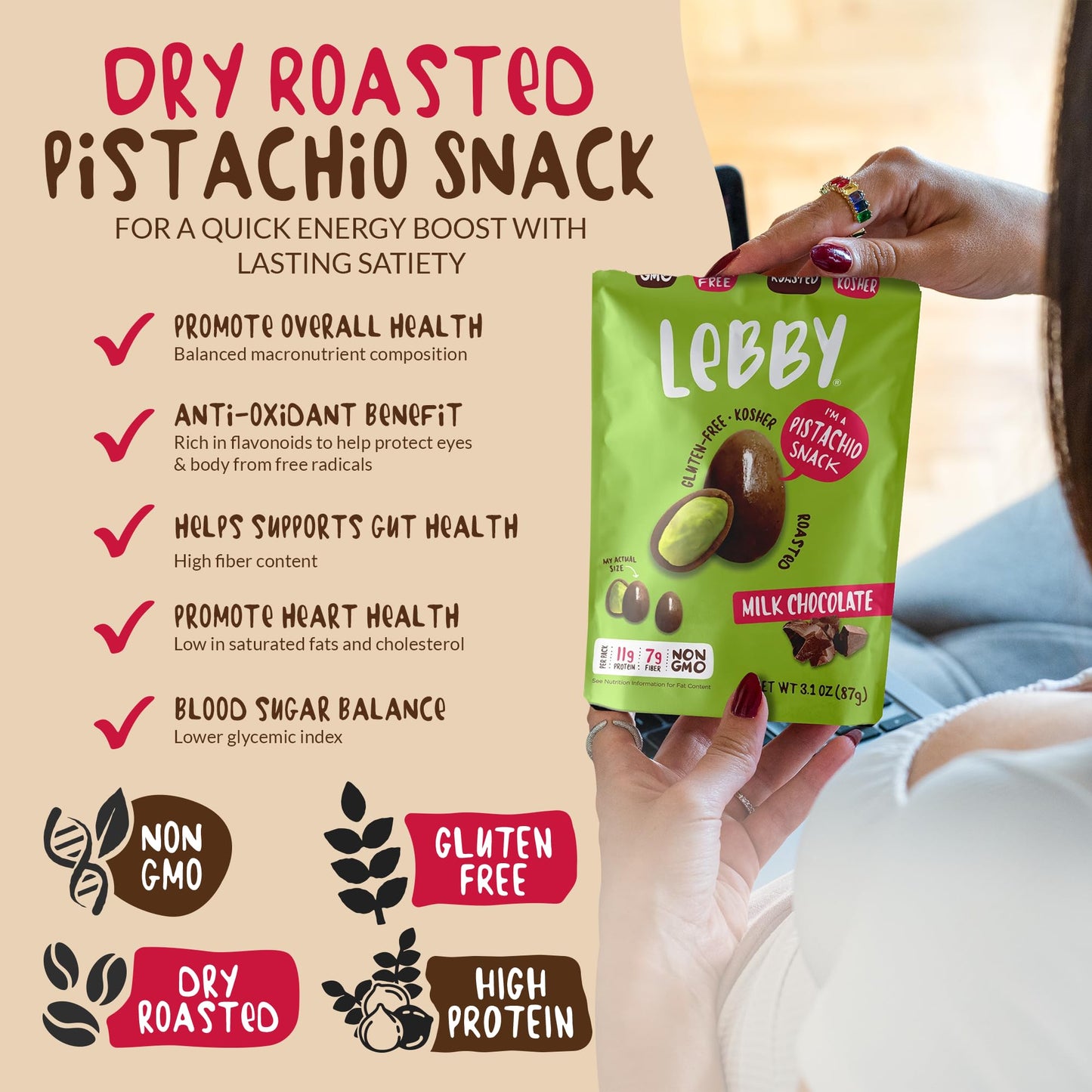 Lebby Lebby Milk Chocolate Covered Pistachios, Irresistibly Delicious Milk Chocolate Pistachios Snack Packs, Roasted Mediterranean Pistachio Chocolate, Gluten Free, Non-GMO & Vegan, 1.15 Ounce (Pack of 6)