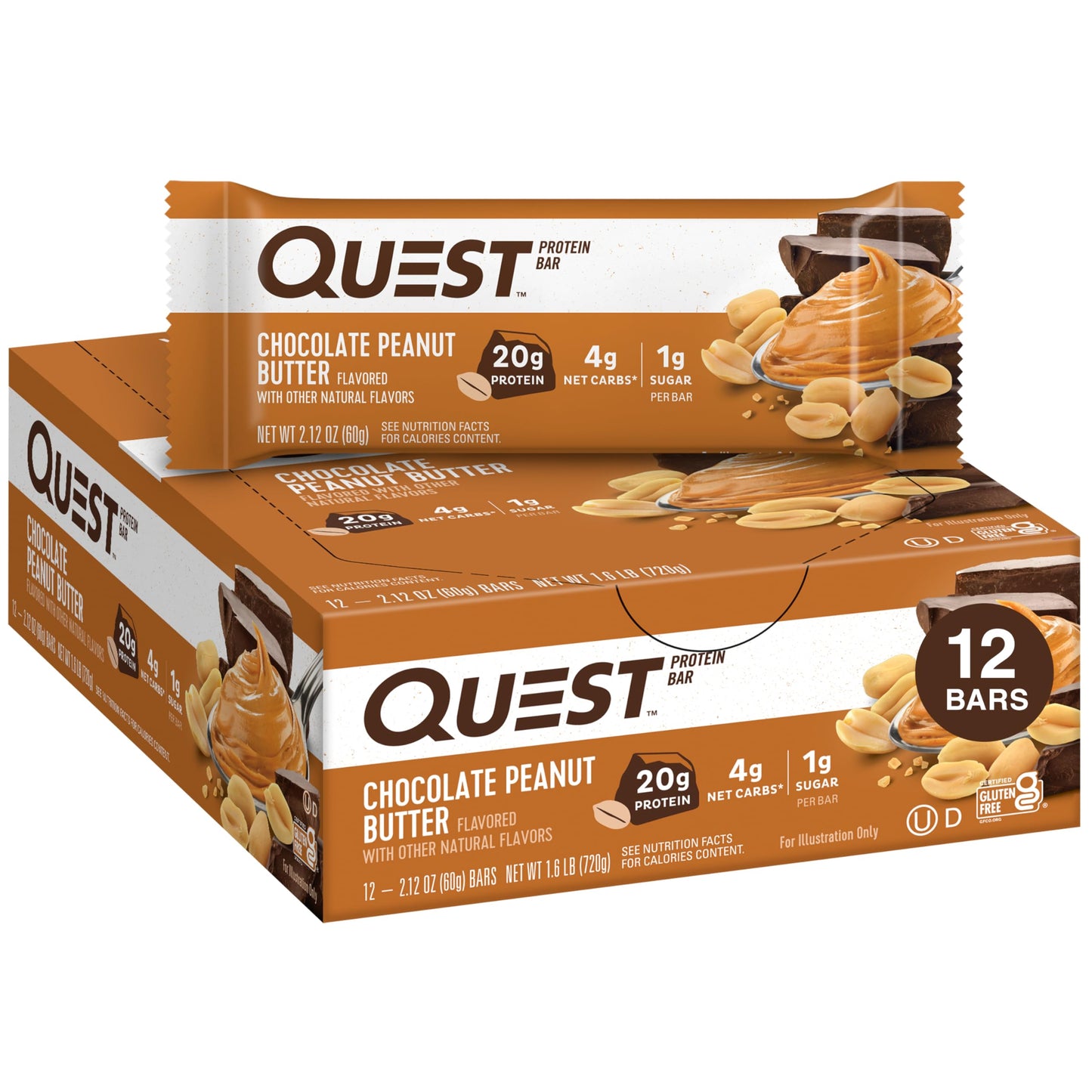 Quest Nutrition Quest Nutrition Chocolate Peanut Butter Bars, High Protein, Low Carb, Gluten Free, Keto Friendly, - 12 Count