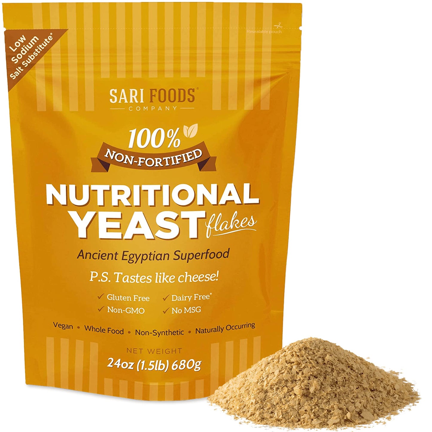 Sari Foods- Non-Fortified Nutritional Yeast Flakes, 24oz or 8oz, Superfood, Rich in Vegan Protein. Gluten Free & Dairy Free Cheese Substitute