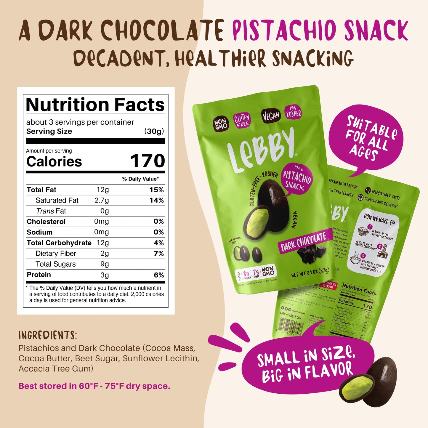 Lebby Lebby Dark Chocolate Covered Pistachios, Irresistibly Delicious Dark Chocolate Pistachios Snack, Gluten Free, Non-GMO & Vegan, 1.15 Ounce (Pack of 6)