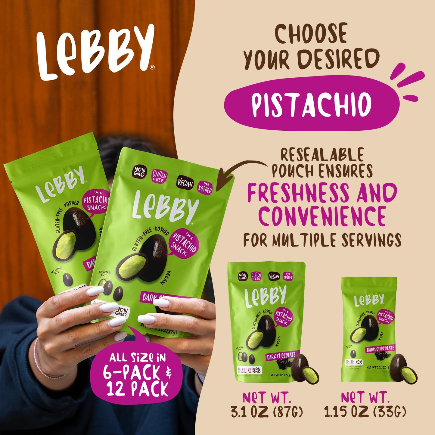 Lebby Lebby Dark Chocolate Covered Pistachios, Irresistibly Delicious Dark Chocolate Pistachios Snack, Gluten Free, Non-GMO & Vegan, 1.15 Ounce (Pack of 6)